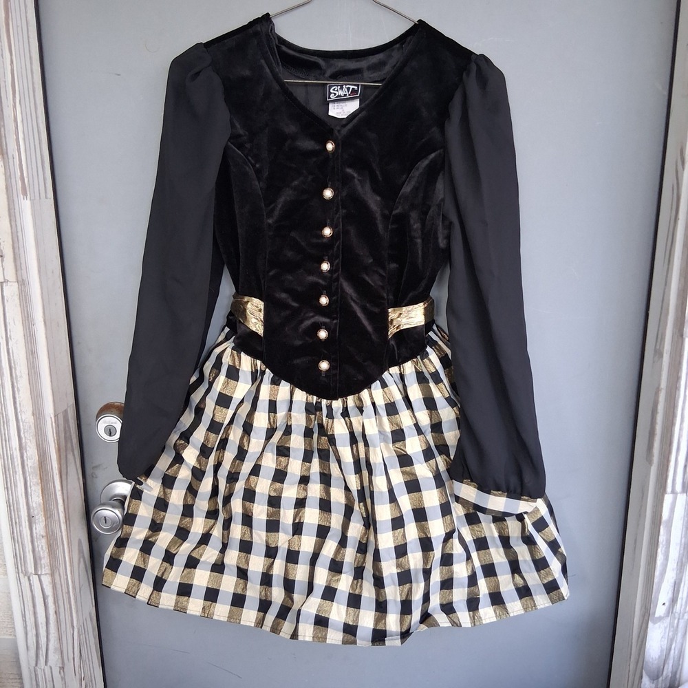 Vtg 90s SWAT Black Velvet Gold Gingham Metallic Party Dress Girls 16 USA